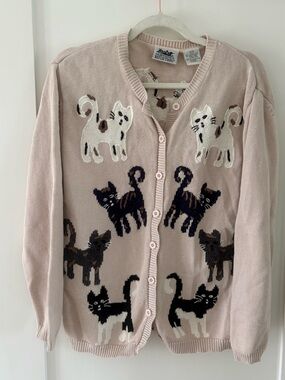 Vintage Northern Reflections cat embroidered cream cardigan sweater size Medium